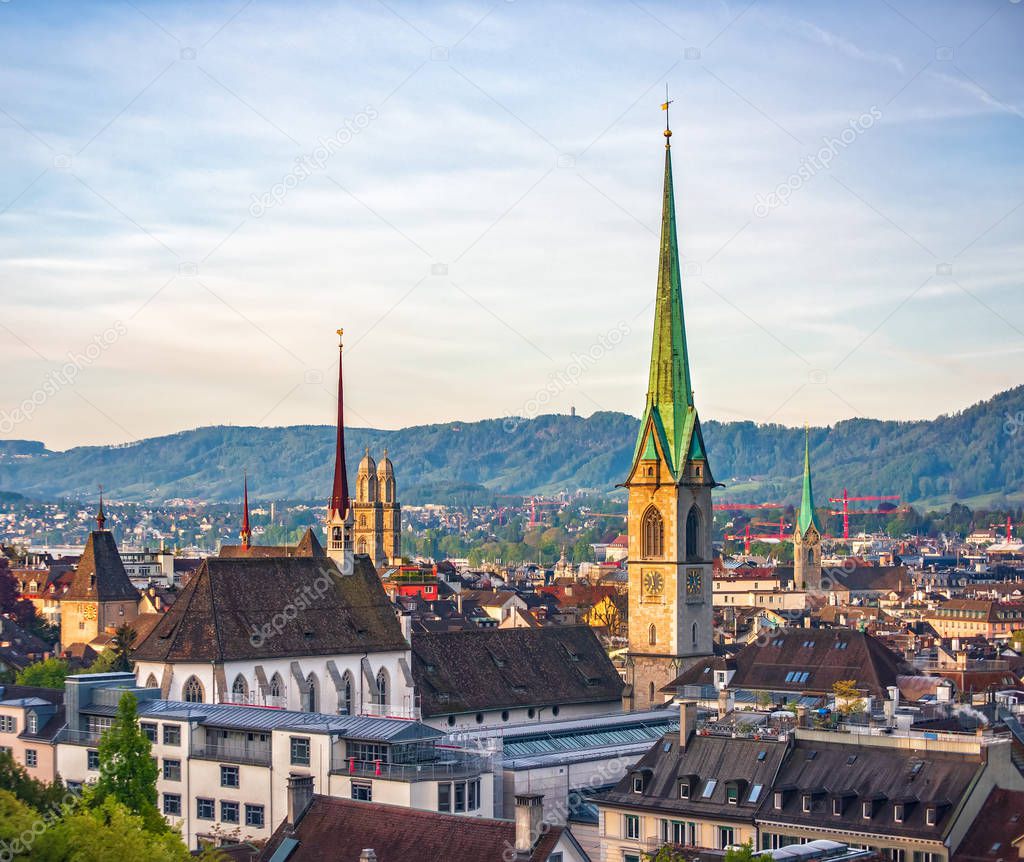 Picturesque View Of City Rooftops And Towers. Zurich. Switzerland