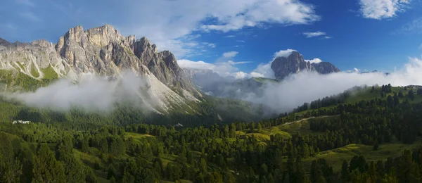 Panoramic view of Val Gardena and Puez-Odle mountain range — стокове фото