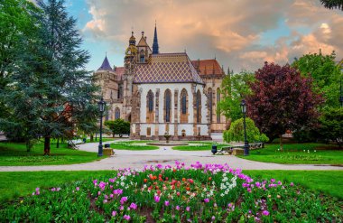 Amazing view of Freedom square with flowerbed with blooning tulips and narcissus, St. Michael chapel and St. Elisabeth cathedral in Kosice city, Slovakia at springtime. Picturesque sunset burning sky clipart