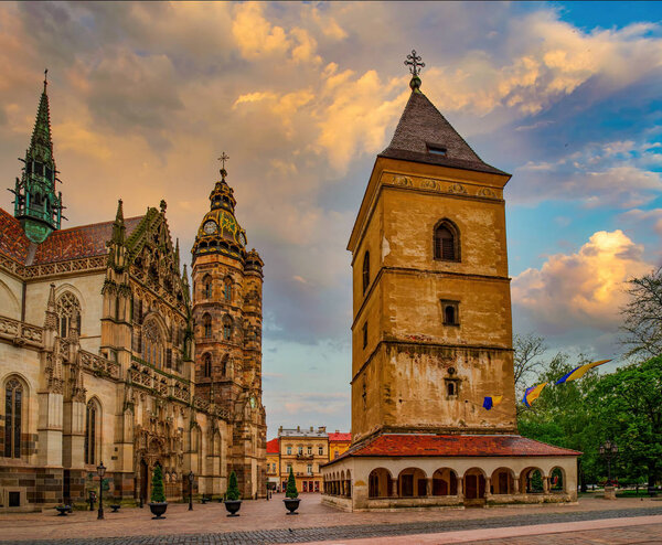 Scenic view of St. Urban Tower and Elisabeth cathedral in the main square of Kosice, Slovakia. St. Elisabeth cathedral is a one of the easternmost Gothic cathedrals in Europe
