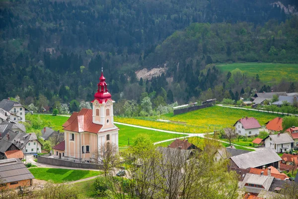 Sankt Georgs Kirche Und Blühende Weiden Dorf Zasip Slowenien Der — Stockfoto