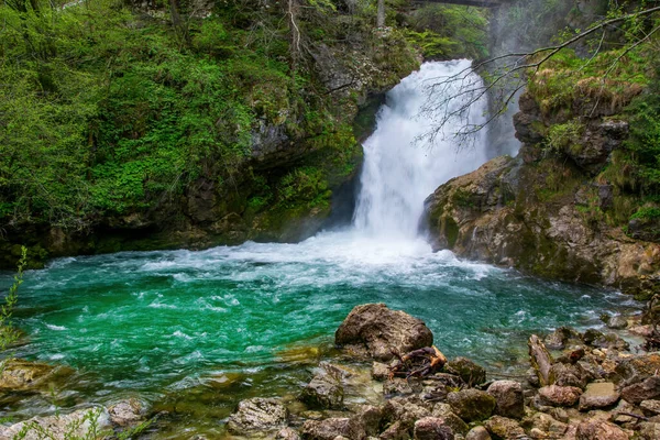 斯洛维尼亚文采峡谷尽头的拉多夫纳河上 春天的洪水中 令人心旷神怡的Sum瀑布 文采峡谷是著名的布莱德湖附近的一个受欢迎的旅游胜地 — 图库照片