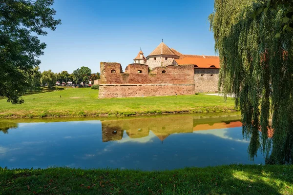 Vista Panorâmica Cidadela Medieval Fagaras Refletida Água Fagaras Transilvânia Roménia — Fotografia de Stock