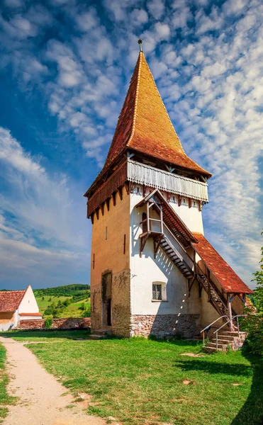 Stunning View Medieval Defense Tower Biertan Fortified Church Transylvania Romania — Stock Photo, Image