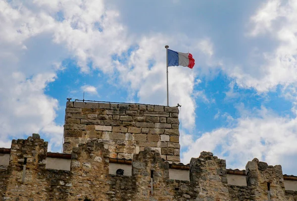 French National Flag Waving Grimaldi Castle Picturesque Sky Antibes French — Stock Photo, Image