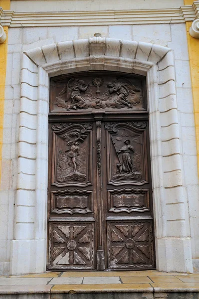 Superbe Porte Sculptée Église Immaculée Conception Antibes France — Photo