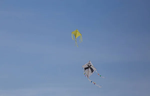 Barevné draci létání v větrem hnaným. — Stock fotografie