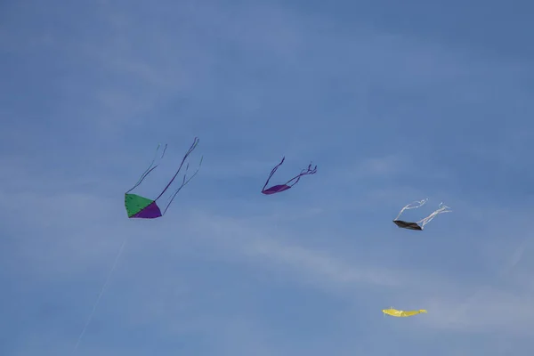 Színes Papírsárkányok repül a szél-vezérelt. — Stock Fotó