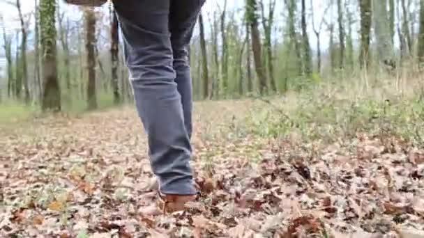 穿着牛仔裤和靴子的女人在森林里走在干枯树叶的地毯上 — 图库视频影像