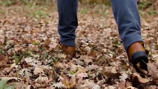 穿着牛仔裤和靴子的女人在森林里走在干枯树叶的地毯上 — 图库视频影像