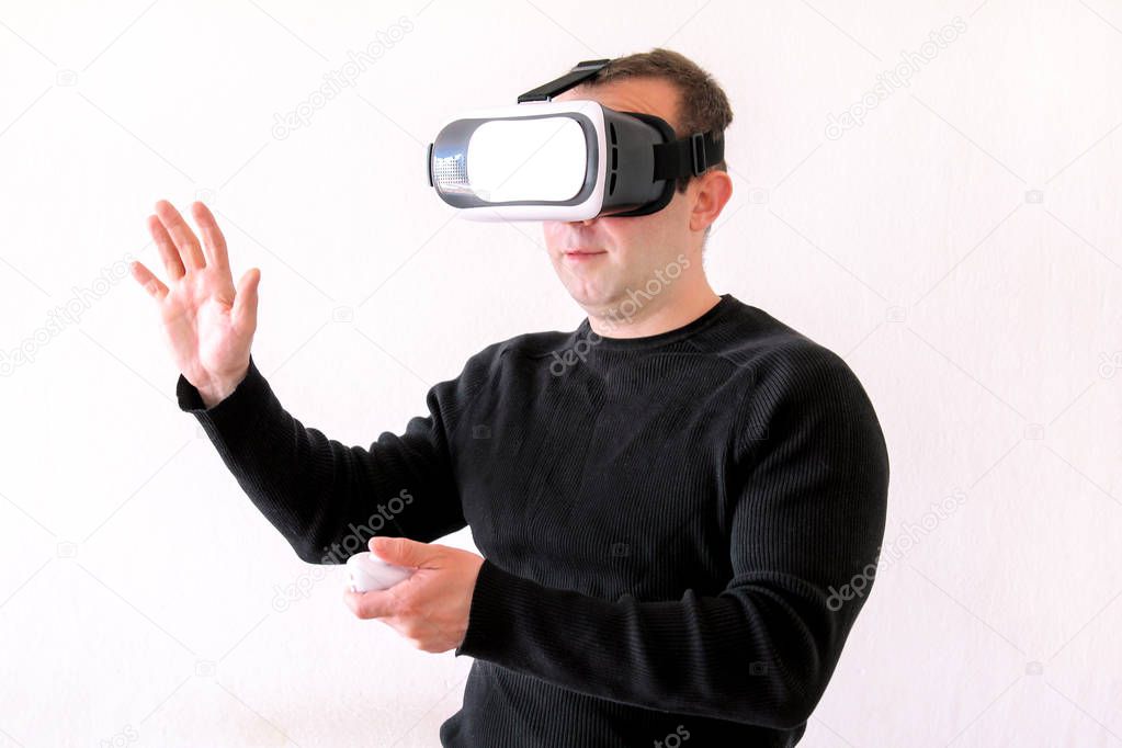 Man using a virtual glasses on white background