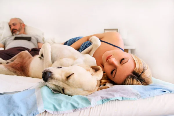 Femme avec des chiens à la maison. Belle femme au repos et dormant avec son chien au lit dans la chambre. Propriétaire et chien dormant. Concept animal de compagnie. jaune labrador retriever relax, solitaire femme et son meilleur ami . — Photo