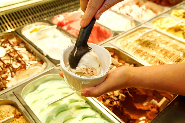 Female hand with scoop takes ice cream from the fridge and serving in ceramic white cups. Woman taking scoop of tasty ice cream. Fridge with ice cream. Woman works in ice cream shop. Pastry shop.