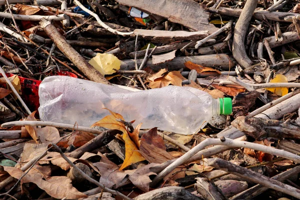 塑料和玻璃瓶扔掉, 留在大自然中, 一堆垃圾。生态、生态、循环利用产业, 而不是生态、再生材料、污染、忽视、环境保护. — 图库照片