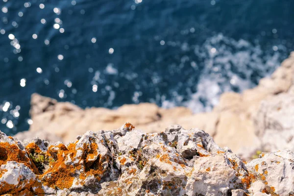 Rocce in riva al mare Adriatico, Mediterraneo, primo piano. Vista aerea dall'alto delle onde del mare che colpiscono rocce sulla spiaggia.Pietra, rocce, alghe rosse e mare, riva e pietre. Bellissimi paesaggi, mare . — Foto Stock