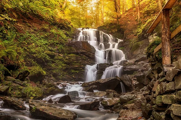 Orman manzarası güzel bir şelale bir dağ nehir Creek ile sonbahar kayın ormanı Karpatlar, Ukrayna, Europe basamaklandırır
