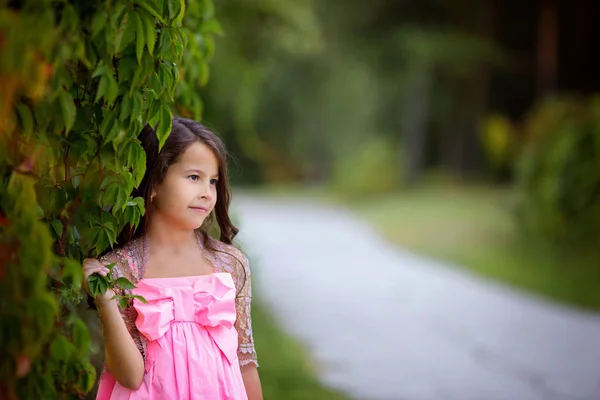 Una ragazzina carina sorridente spinge guarda in lontananza. Estate foto, da vicino . — Foto Stock