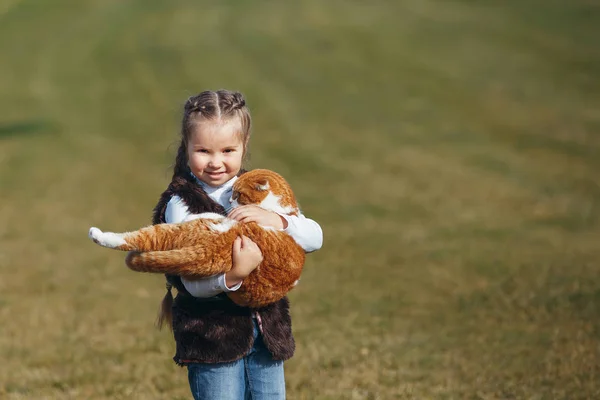 Gadis kecil dengan kuncir memegang kucing merah besar di latar belakang rumput musim gugur — Stok Foto