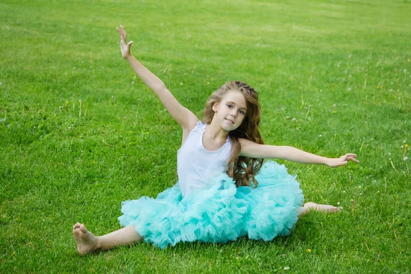 Menina encantadora em uma saia de tule fofo inteligente sentado em um — Fotografia de Stock