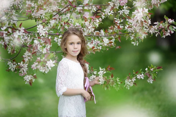 Retrato de primavera en flores de manzana joven hermosa chica en un vestido blanco con el pelo largo — Foto de Stock
