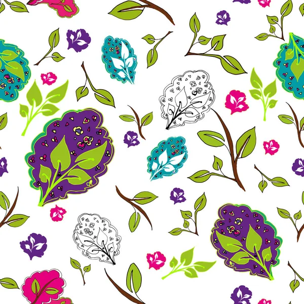 Seamless Floral Pattern Prints Textural Leaves Gel Pen Botanical Background — Stock Photo, Image