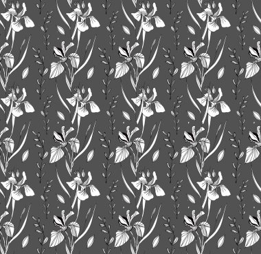 Retro ve sanat tarzı. Modern. Renkli tropikal ve dallı palmiye yaprakları. Iris çiçekleri. Kusursuz desen. Kumaş tasarımı ve moda için. Beyaz arka planda ve renkli arkaplanda parmak izleri için doku. İç mekan ve dekorasyon için resim