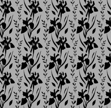 Retro ve sanat tarzı. Modern. Renkli tropikal ve dallı palmiye yaprakları. Iris çiçekleri. Kusursuz desen. Kumaş tasarımı ve moda için. Beyaz arka planda ve renkli arkaplanda parmak izleri için doku. İç mekan ve dekorasyon için resim