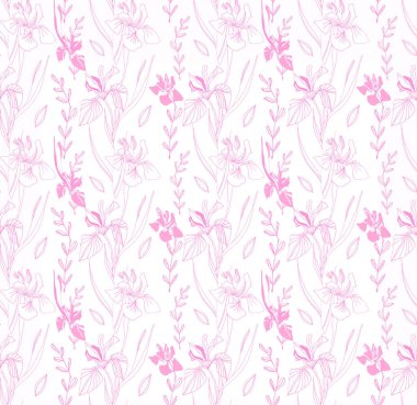 Retro ve sanat tarzı. Modern. Renkli tropikal ve dallı palmiye yaprakları. Iris çiçekleri. Kusursuz desen. Kumaş tasarımı ve moda için. Beyaz arka planda ve renkli arkaplanda parmak izleri için doku. İç mekan ve dekorasyon için resim