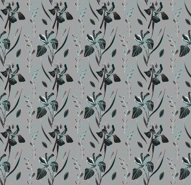 Retro ve sanat tarzı. Modern. Renkli tropikal ve dallı palmiye yaprakları. Iris çiçekleri. Kusursuz desen. Kumaş tasarımı ve moda için. Beyaz arka planda ve renkli arkaplanda parmak izleri için doku. İç mekan ve dekorasyon için resim