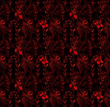 Retro ve sanat tarzı. Modern. Renkli tropikal ve dallı palmiye yaprakları. Iris çiçekleri. Kusursuz desen. Kumaş tasarımı ve moda için. Beyaz arka planda ve renkli arkaplanda parmak izleri için doku. İç mekan ve dekorasyon için resim