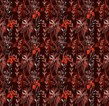 Retro ve sanat tarzı. Modern. Renkli tropikal ve dallı palmiye yaprakları. Iris çiçekleri. Kusursuz desen. Kumaş tasarımı ve moda için. Beyaz arka planda ve renkli arkaplanda parmak izleri için doku. İç mekan ve dekorasyon için resim