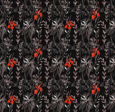 Retro ve sanat tarzı. Modern. Renkli tropikal ve dallı palmiye yaprakları. Iris çiçekleri. Kusursuz desen. Kumaş tasarımı ve moda için. Beyaz arka planda ve renkli arkaplanda parmak izleri için doku. İç mekan ve dekorasyon için resim