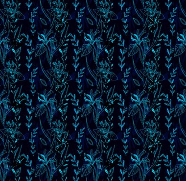 Retro ve sanat tarzı. Modern. Renkli tropikal ve dallı palmiye yaprakları. Iris çiçekleri. Kusursuz desen. Kumaş tasarımı ve moda için. Beyaz arka planda ve renkli arkaplanda parmak izleri için doku. İç mekan ve dekorasyon için resim