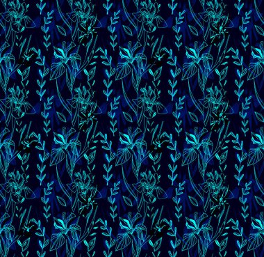 Retro ve sanat tarzı. Modern. Renkli tropikal ve dallı palmiye yaprakları. Iris çiçekleri. Kusursuz desen. Kumaş tasarımı ve moda için. Beyaz arka planda ve renkli arkaplanda parmak izleri için doku. İç mekan ve dekorasyon için resim