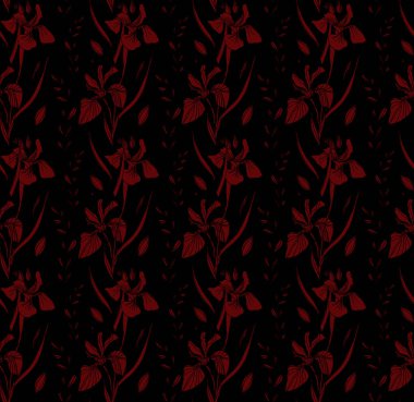 Retro ve sanat tarzı. Modern. Renkli tropikal ve dallı palmiye yaprakları. Iris çiçekleri. Kusursuz desen. Kumaş tasarımı ve moda için. Beyaz arka planda ve renkli arkaplanda parmak izleri için doku. İç mekan ve dekorasyon için resim