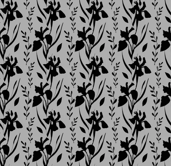 Retro ve sanat tarzı. Modern. Renkli tropikal ve dallı palmiye yaprakları. Iris çiçekleri. Kusursuz desen. Kumaş tasarımı ve moda için. Beyaz arka planda ve renkli arkaplanda parmak izleri için doku. İç mekan ve dekorasyon için resim