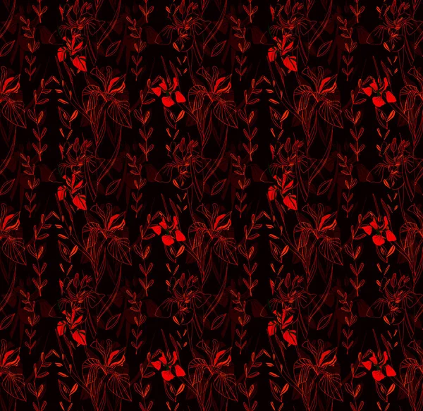 Retro ve sanat tarzı. Modern. Renkli tropikal ve dallı palmiye yaprakları. Iris çiçekleri. Kusursuz desen. Kumaş tasarımı ve moda için. Beyaz arka planda ve renkli arkaplanda parmak izleri için doku. İç mekan ve dekorasyon için resim