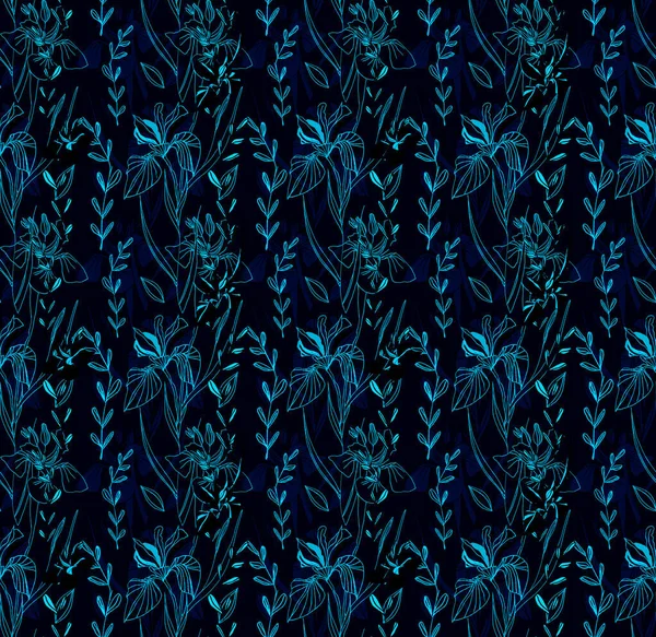 Retro ve sanat tarzı. Modern. Renkli tropikal ve dallı palmiye yaprakları. Iris çiçekleri. Kusursuz desen. Kumaş tasarımı ve moda için. Beyaz arka planda ve renkli arkaplanda parmak izleri için doku. İç mekan ve dekorasyon için resim