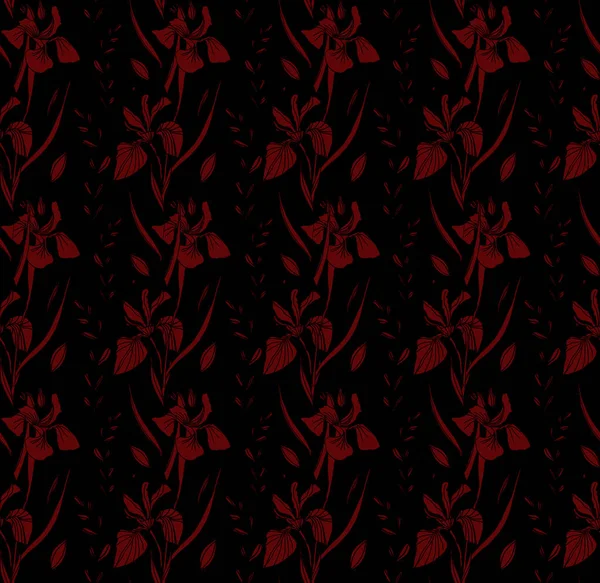 Retro ve sanat tarzı. Modern. Renkli tropikal ve dallı palmiye yaprakları. Iris çiçekleri. Kusursuz desen. Kumaş tasarımı ve moda için. Beyaz arka planda ve renkli arkaplanda parmak izleri için doku. İç mekan ve dekorasyon için resim