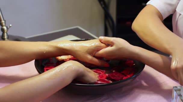 Banho de hidromassagem de mãos com pétalas de rosa e sal do mar — Vídeo de Stock