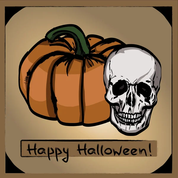 Calabaza gradiente de Halloween y la tarjeta del cráneo "Feliz Halloween !" — Vector de stock