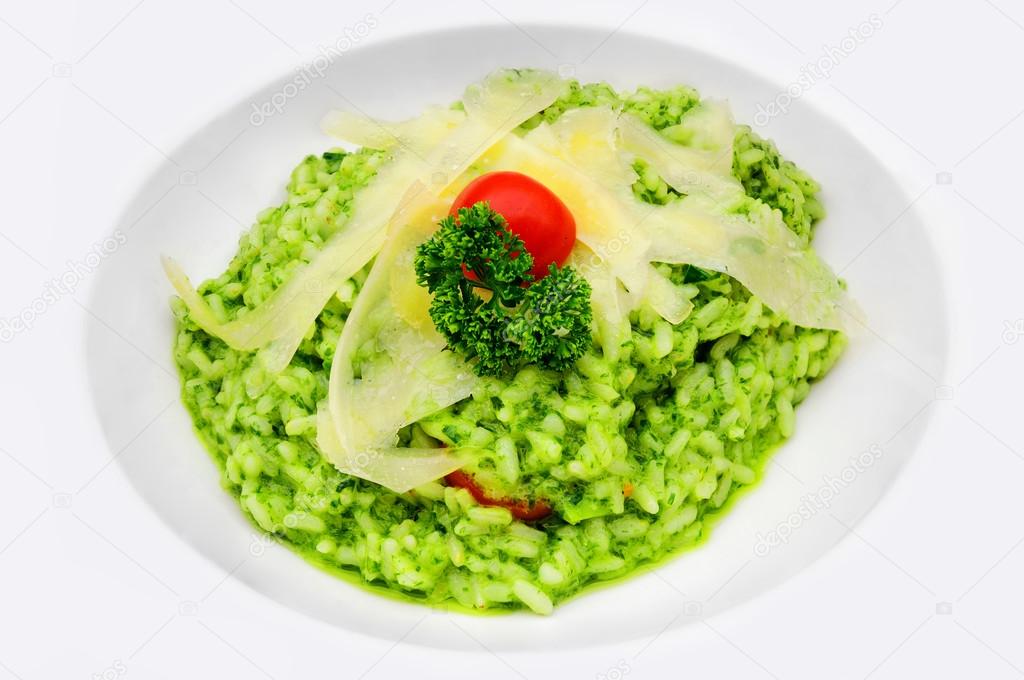 Pesto Risotto with parmesan cheese stripes