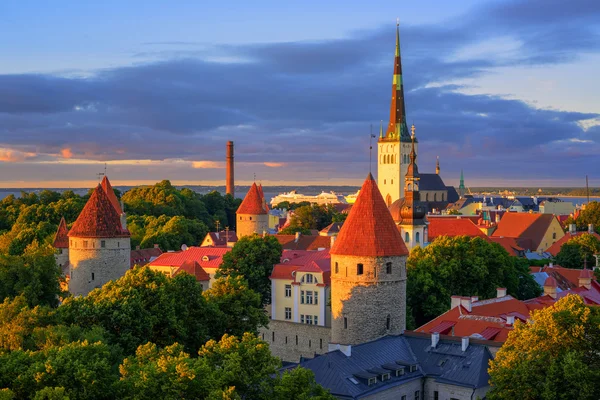 Średniowieczne kościoły i wieże, na starym mieście w Tallinie, Estonia — Zdjęcie stockowe