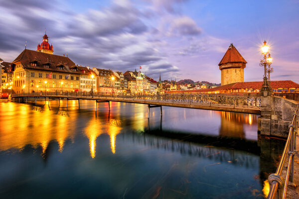 Old town of Lucerne on River Reuss, Switzerland, in the sunset light