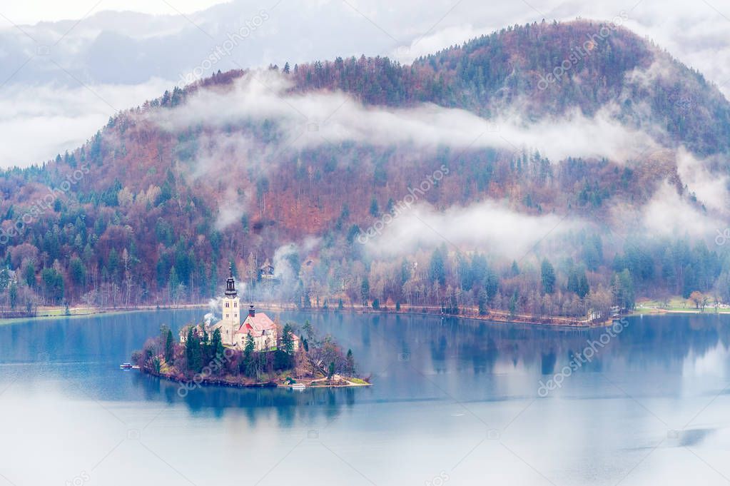 Bled Lake on a misty autumn day, Slovenia