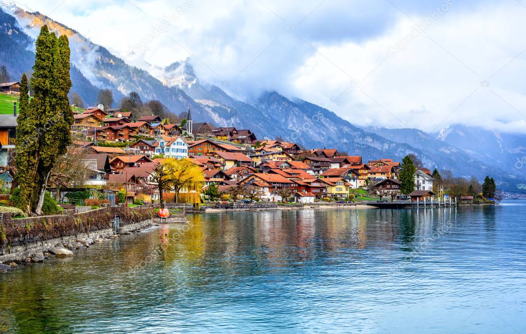 Old town and Alps mountains on Brienzer Lake, Switzerland