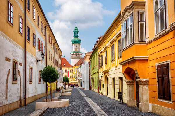 Colorful houses on a street in the medieval historical Old town of Sopron city, Hungary