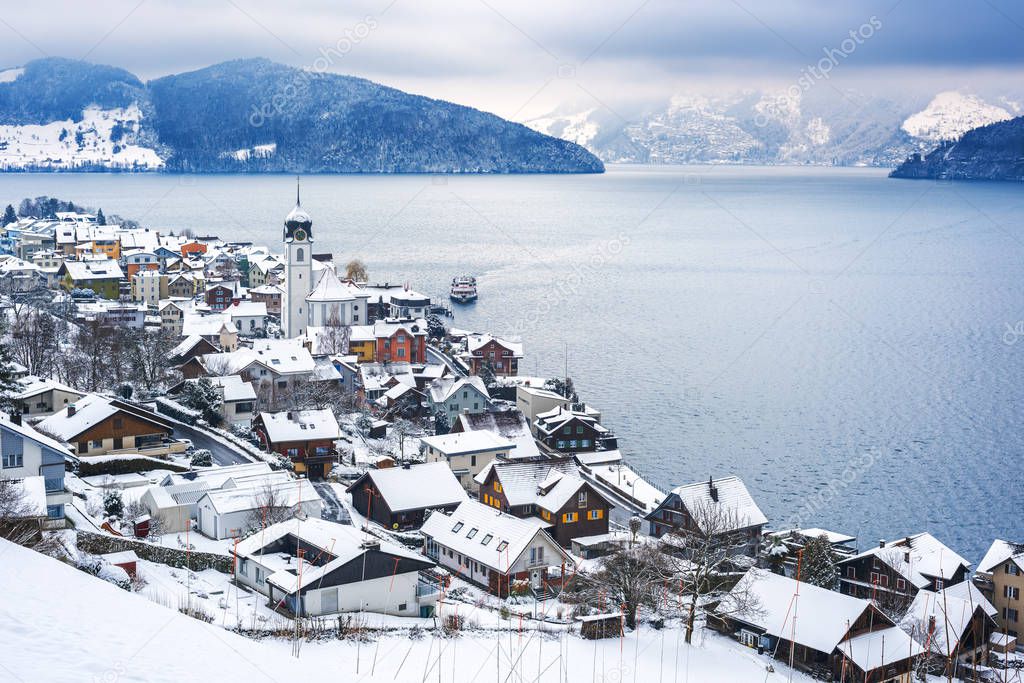Lake Lucerne in snow winter time, Switzerland