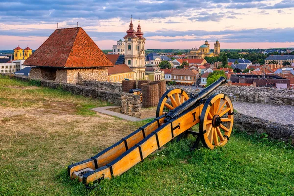 Eger Węgry Widok Średniowieczne Stare Miasto Historycznej Twierdzy Zachodzie Słońca — Zdjęcie stockowe