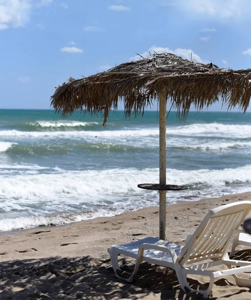 Bir şezlong ve şemsiye güzel bir ıssız plajda bir fotoğraf